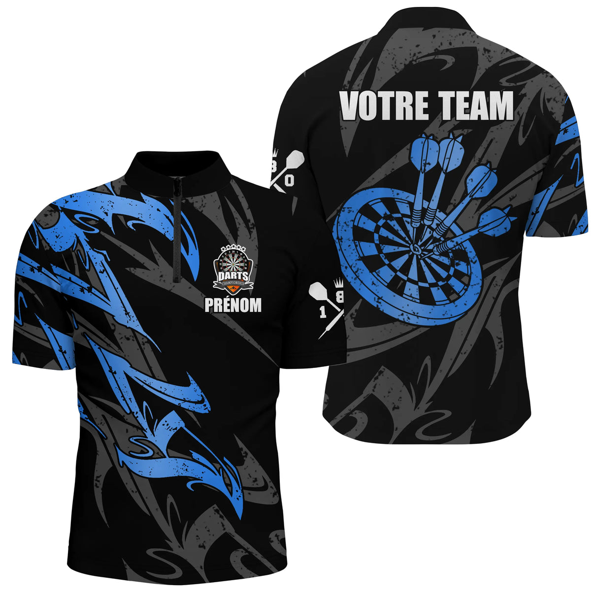 Polo Fléchettes Premium - Noir Bleu Style Compétition - Polo Zippé Homme