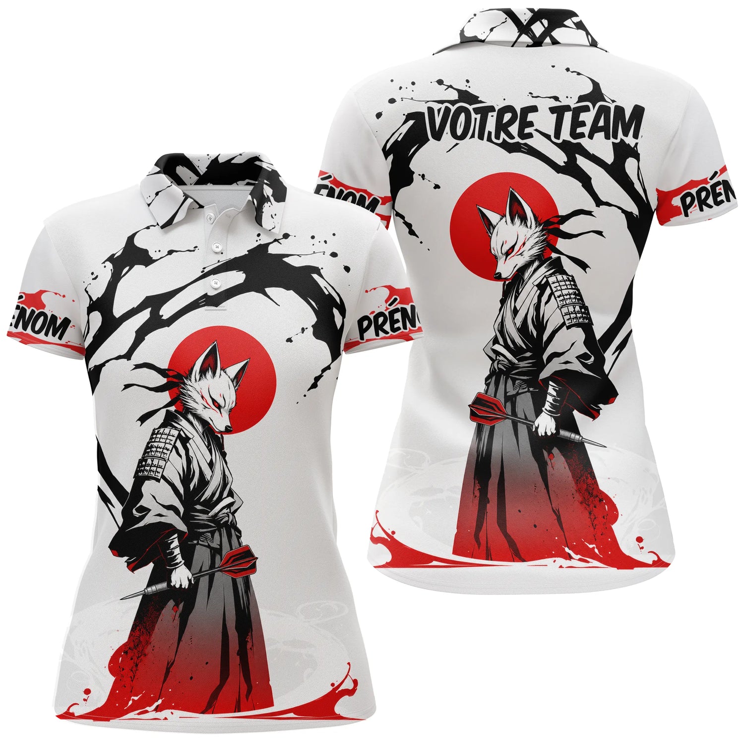 Polo Fléchettes Renard Samouraï - Blanc Rouge Personnalisé - Polo Femme