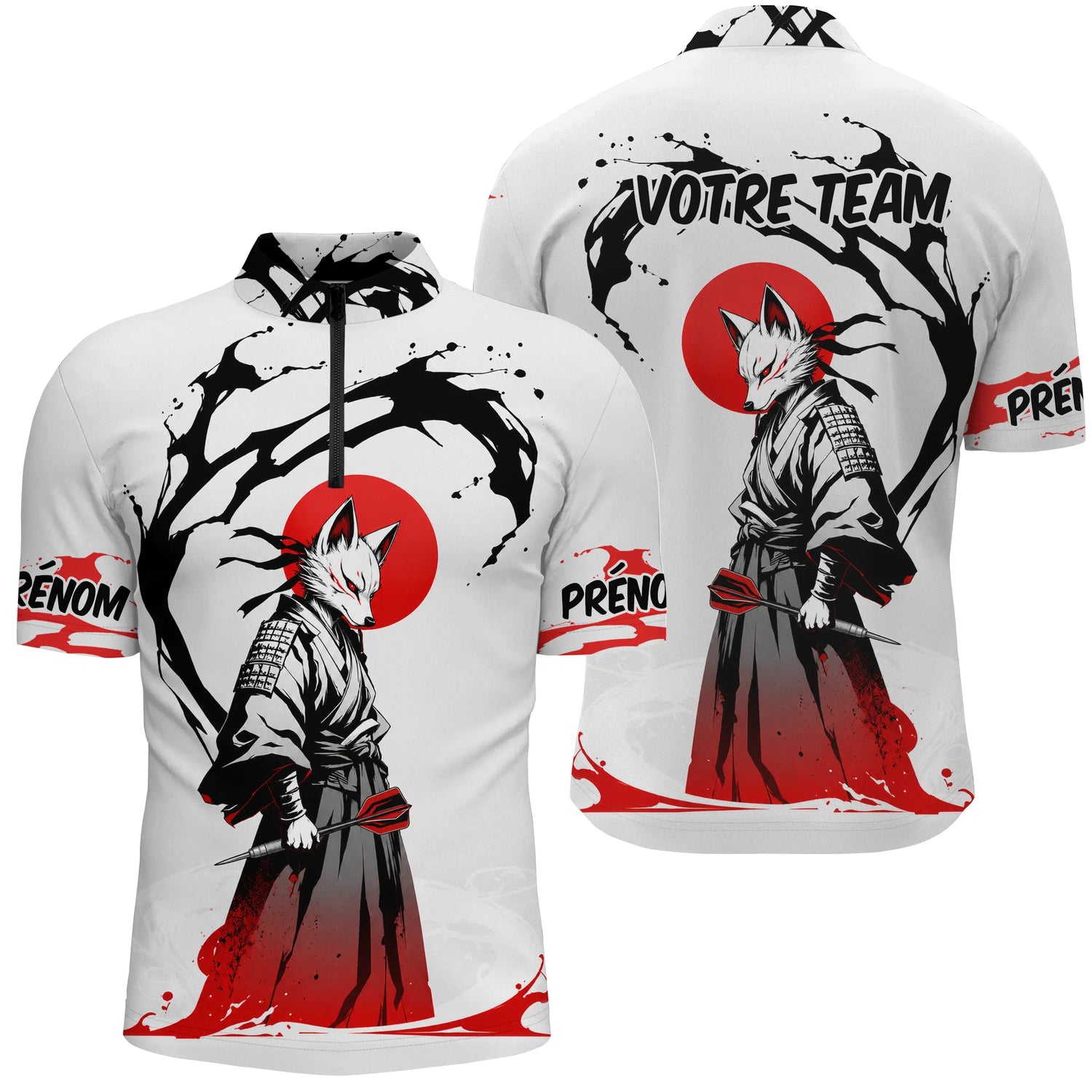 Polo Fléchettes Renard Samouraï - Blanc Rouge Personnalisé - Polo Zippé Homme