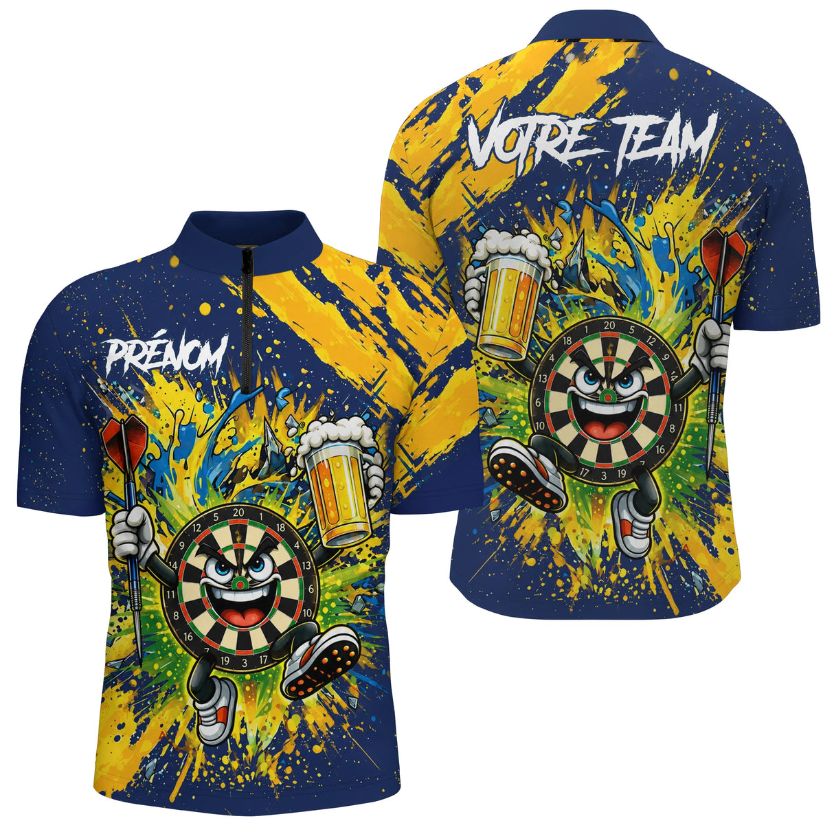 Polo Fléchettes Sportif Bleu – Style Cartoon Bière & Team - Polo Zippé Homme