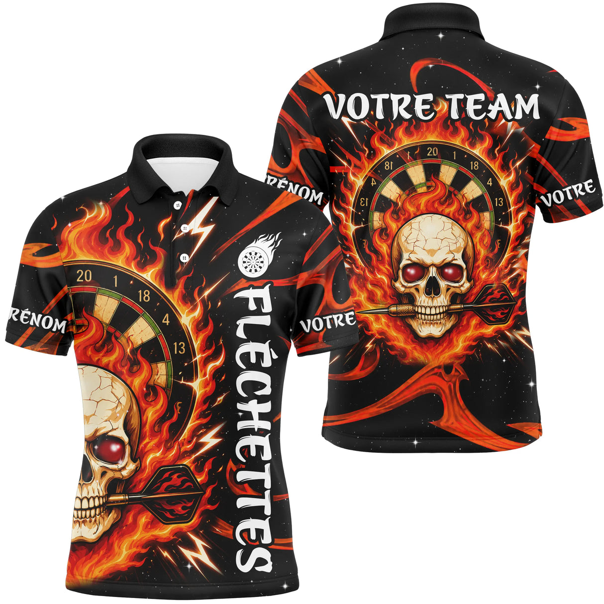 Polo Fléchettes Tête de Mort & Flammes – Personnalisé Homme & Femme