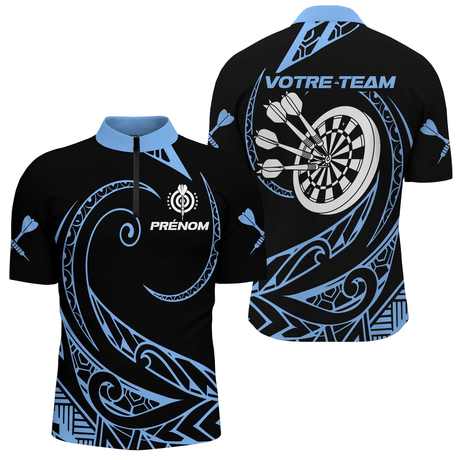 Polo Fléchettes Tribal Premium - Personnalisé Bleu Noir - Polo Zippé Homme