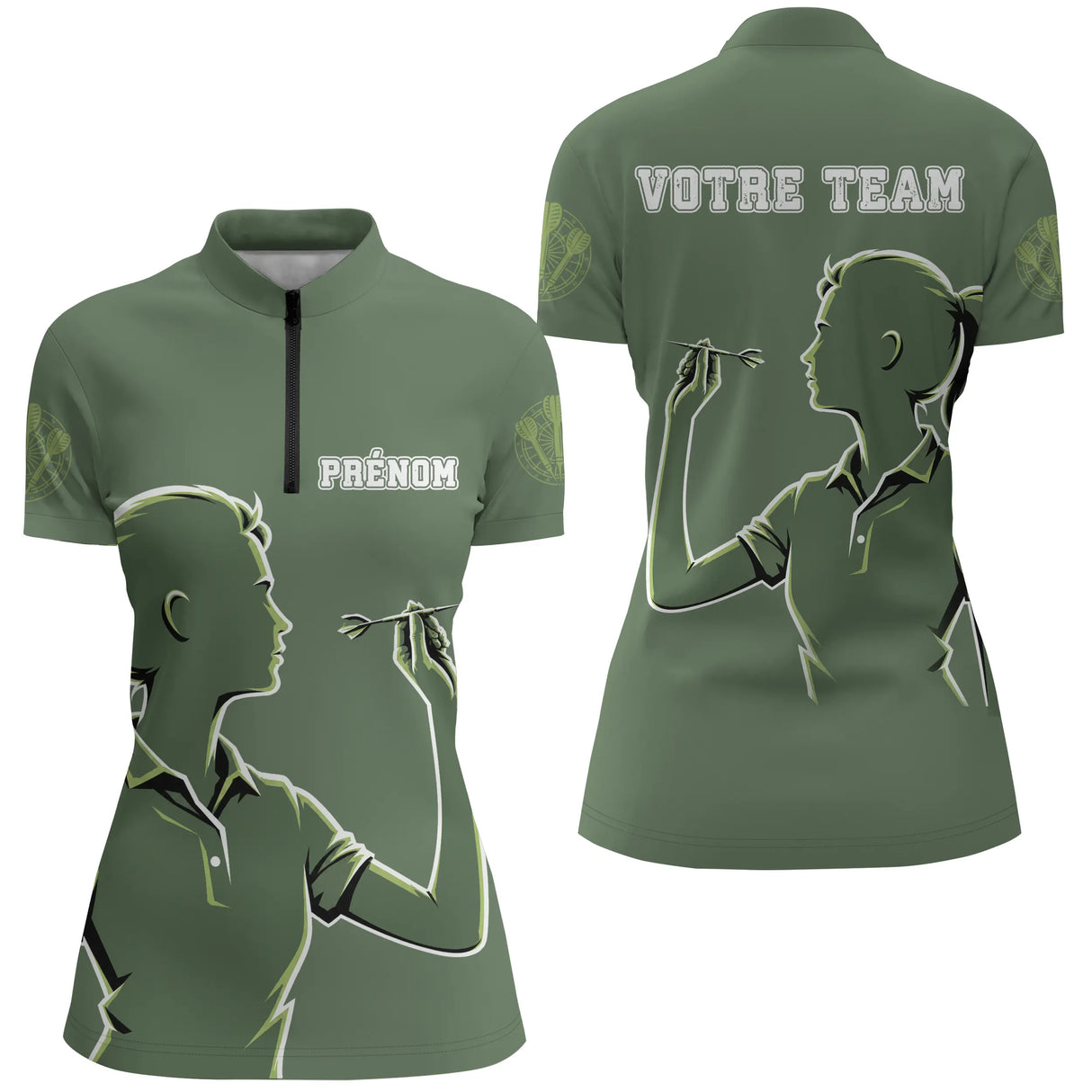 Polo Fléchettes Vert Sauge - Personnalisé Équipe & Prénom - Polo Zippé Femme