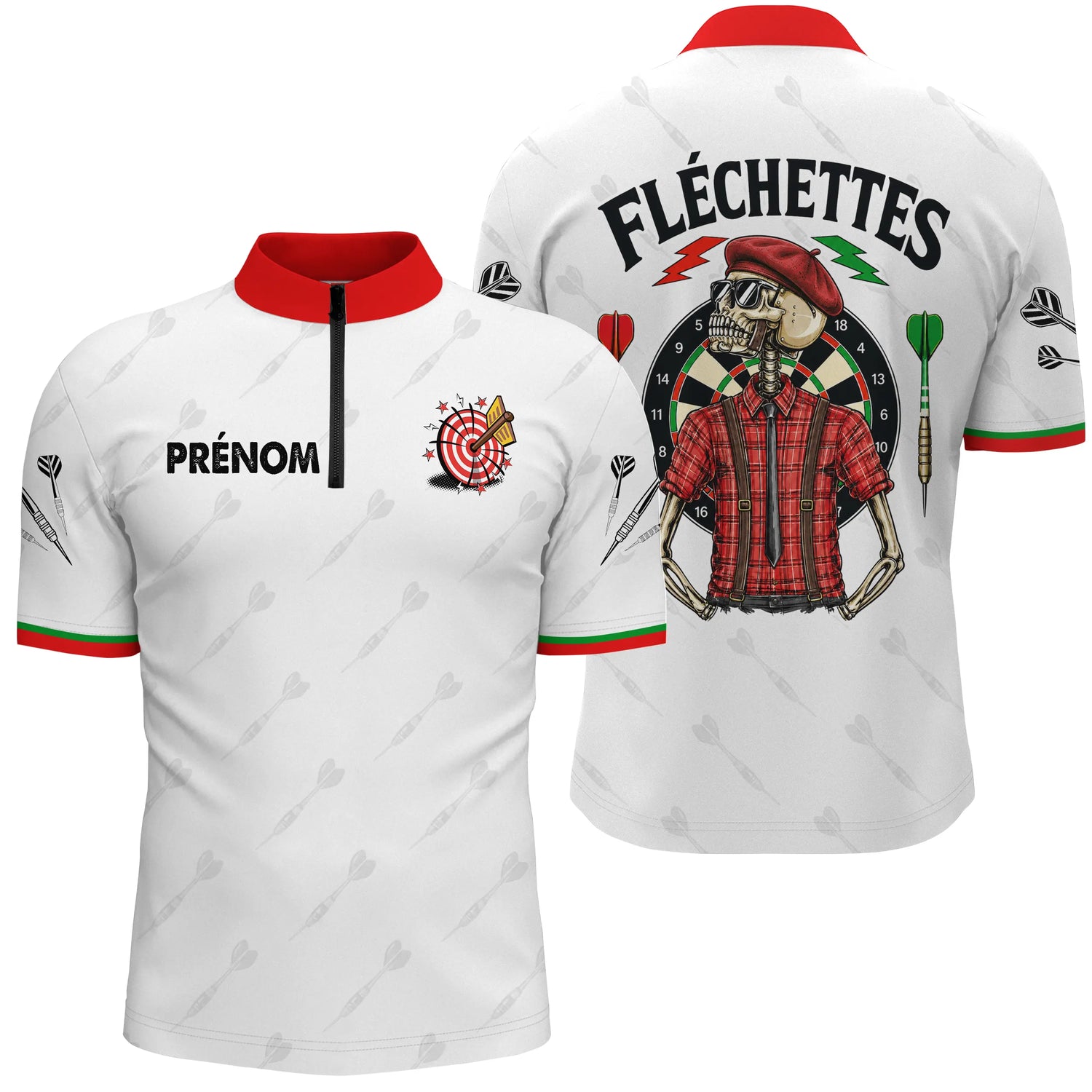 Polo Fléchettes Vintage Blanc – Squelette Béret Style Français - Polo Zippé Homme
