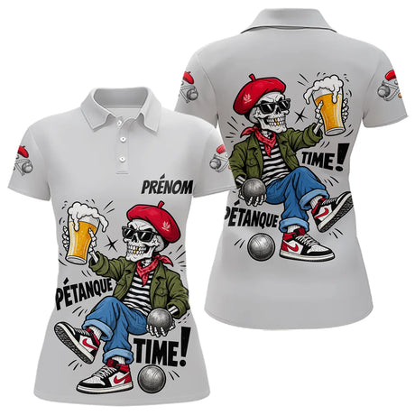 Polo Gris Pétanque Time - Bouliste Original Crâne & Béret - Polo Femme