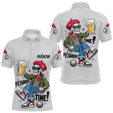 Polo Gris Pétanque Time - Bouliste Original Crâne & Béret - Polo Homme