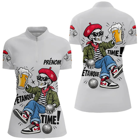 Polo Gris Pétanque Time - Bouliste Original Crâne & Béret - Polo Zippé Femme