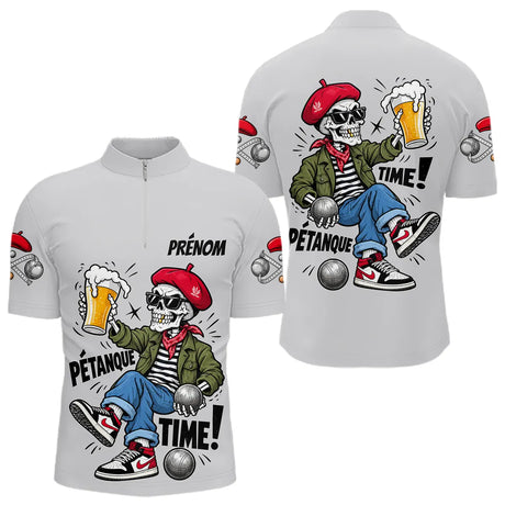 Polo Gris Pétanque Time - Bouliste Original Crâne & Béret - Polo Zippé Homme