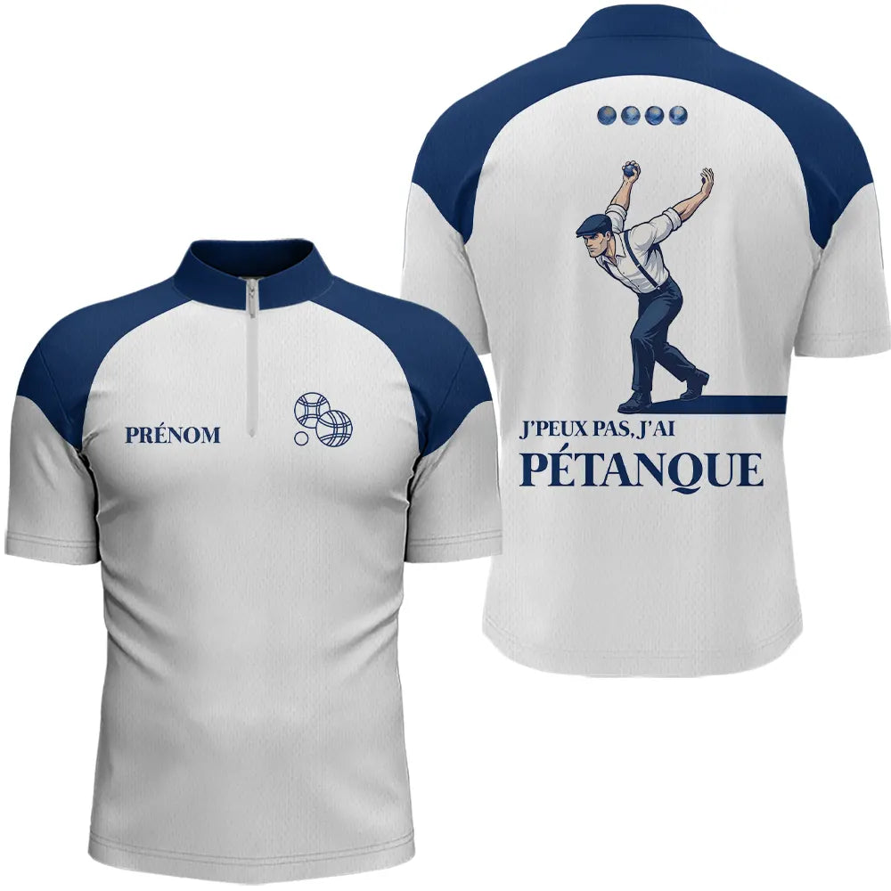 Polo J'peux Pas Pétanque Personnalisé - Bleu & Blanc - Polo Zippé Homme