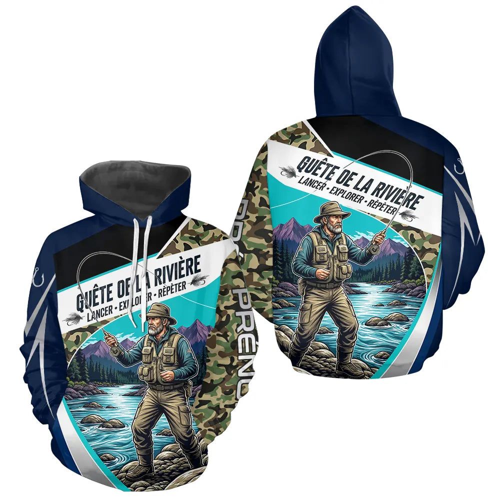 Polo Jersey Pêcheur Camo Bleu Personnalisable - Tenue Truite - Hoodie 