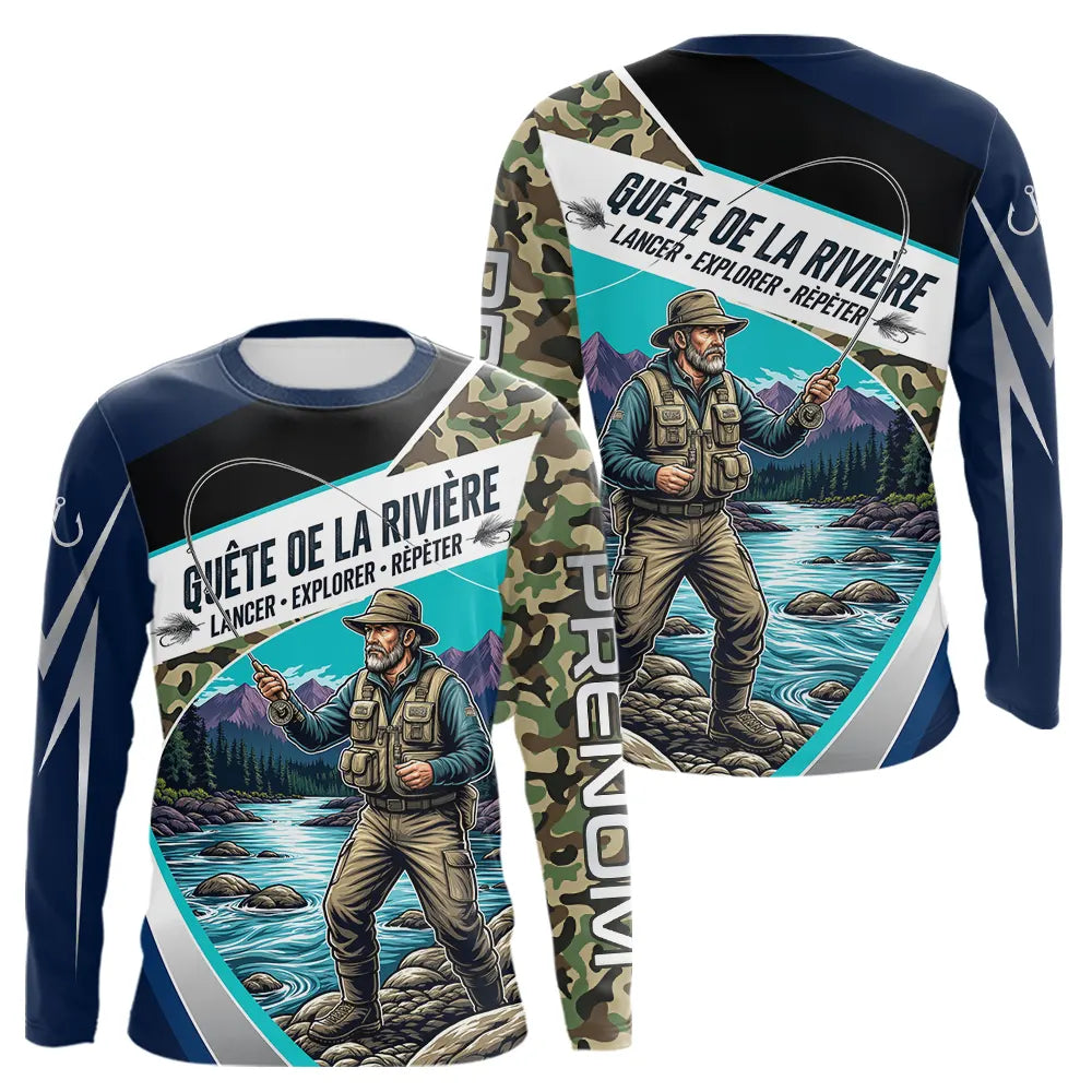 Polo Jersey Pêcheur Camo Bleu Personnalisable - Tenue Truite - Long Sleeves Shirt Homme