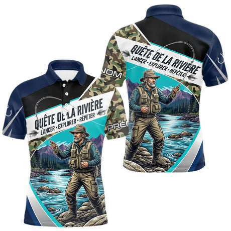 Polo Jersey Pêcheur Camo Bleu Personnalisable - Tenue Truite - Polo Homme