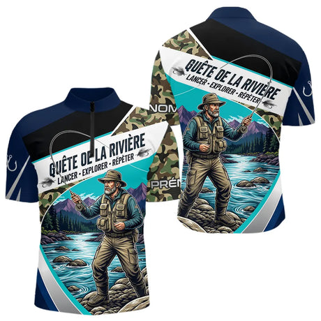 Polo Jersey Pêcheur Camo Bleu Personnalisable - Tenue Truite - Polo Zippé Homme