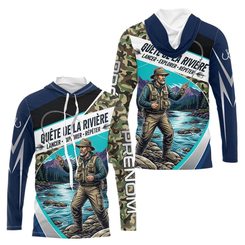 Polo Jersey Pêcheur Camo Bleu Personnalisable - Tenue Truite - Sweat Homme