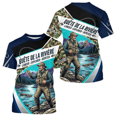 Polo Jersey Pêcheur Camo Bleu Personnalisable - Tenue Truite - T-Shirt Homme