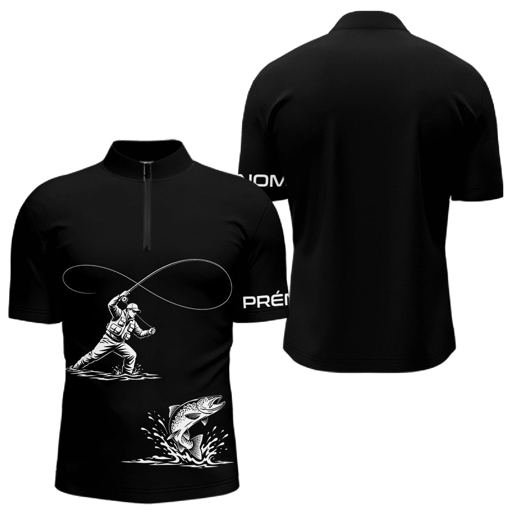 Polo Manches Longues Pêcheur à la Mouche & Truite - Noir Personnalisé - Polo Zippé Homme