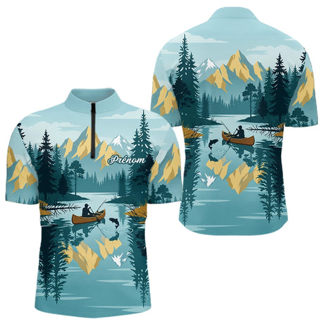 Polo Nature Pêche Canoe - Personnalisé Bleu Lac - Polo Zippé Homme