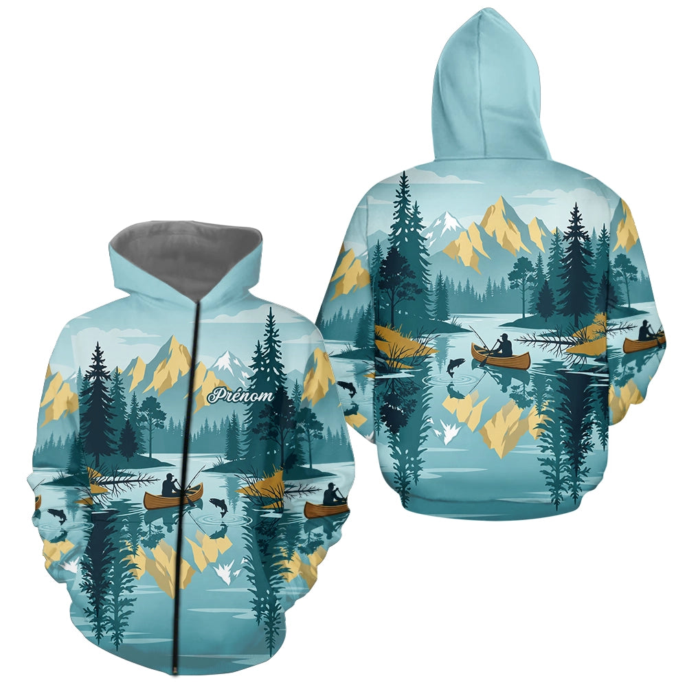 Polo Nature Pêche Canoe - Personnalisé Bleu Lac - Zippé Shirt Homme