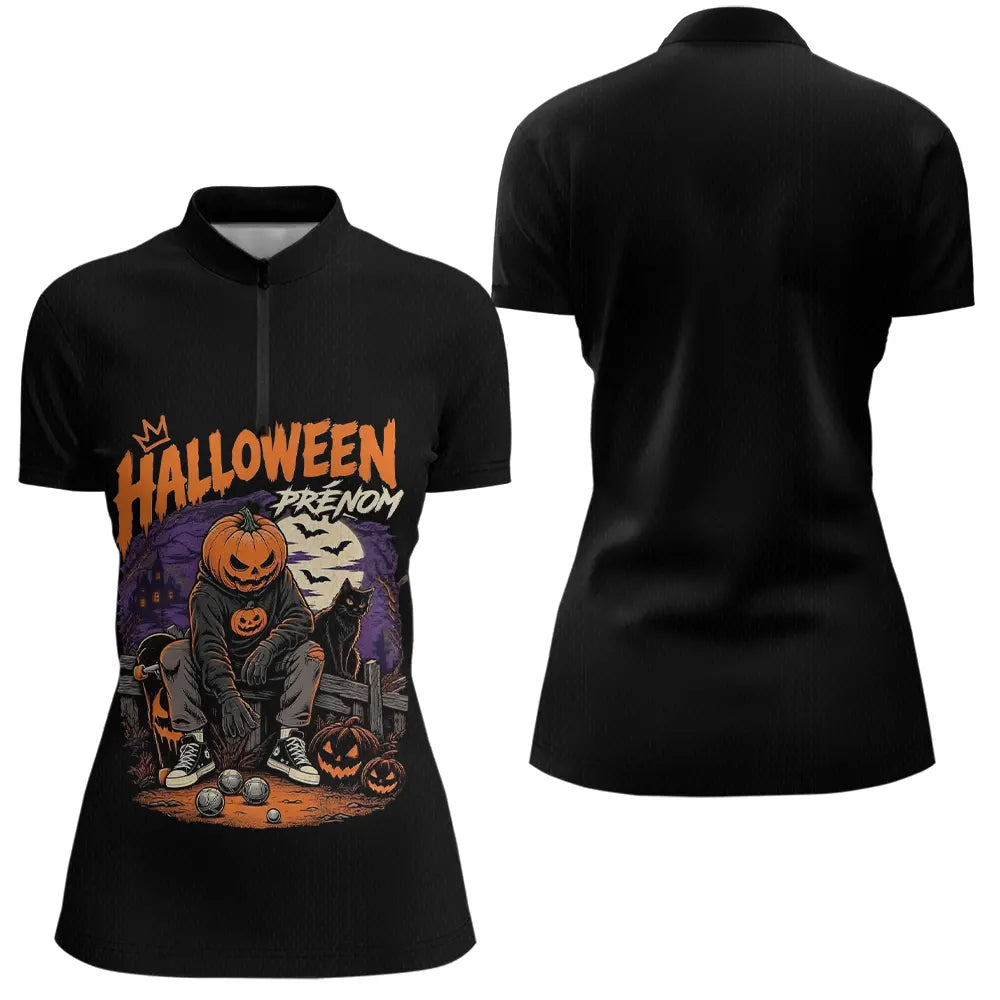 Polo Noir Pétanque Avec Prénom - Design Halloween Exclusif - Polo Zippé Femme