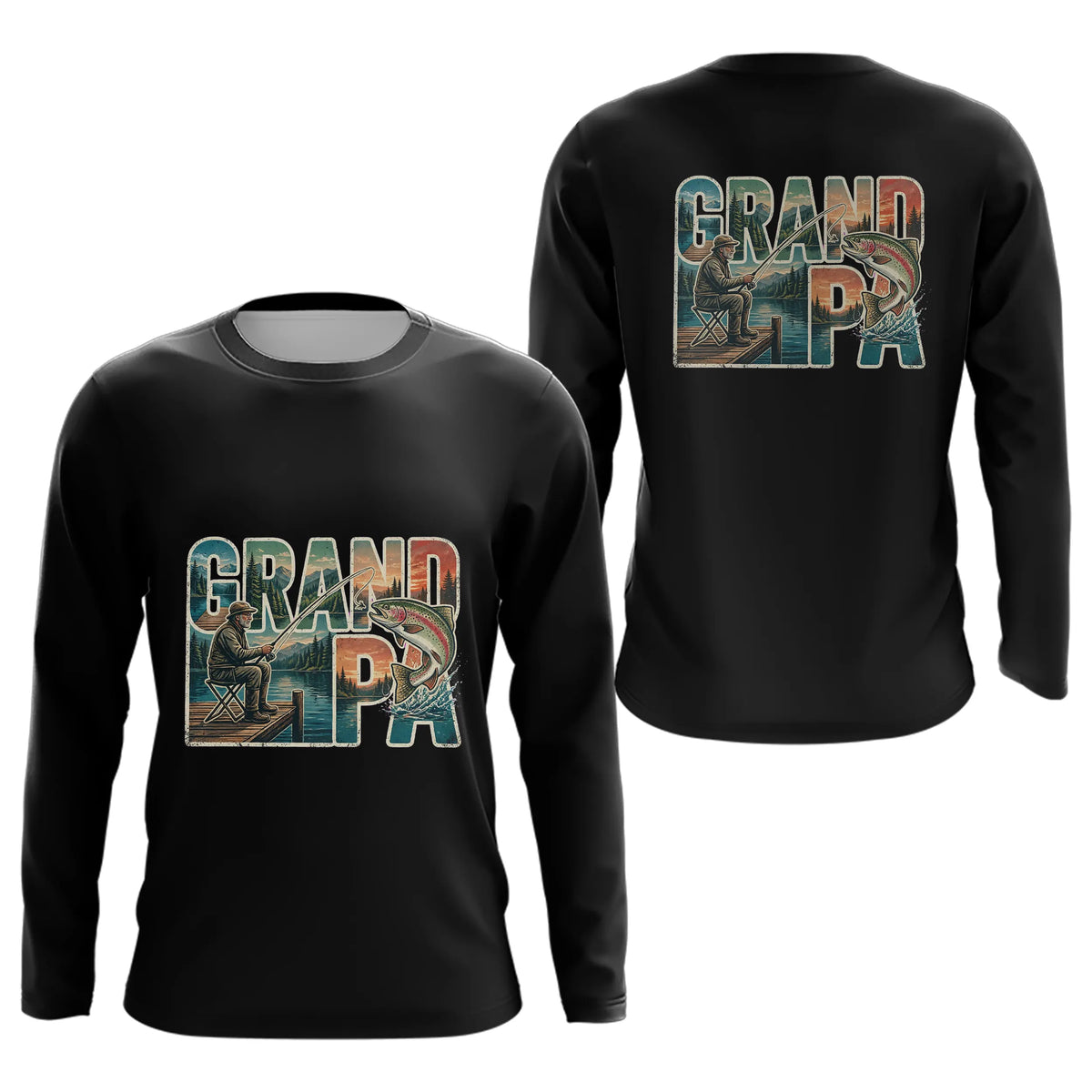 Polo Noir Passion Pêche Grand Père - Idée Cadeau Homme - Long Sleeves Homme