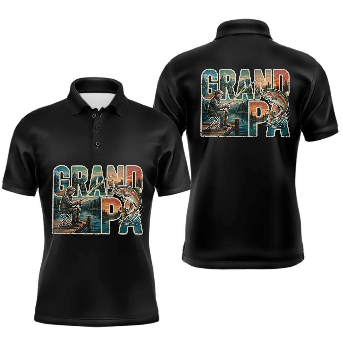 Polo Noir Passion Pêche Grand Père - Idée Cadeau Homme - Polo Homme