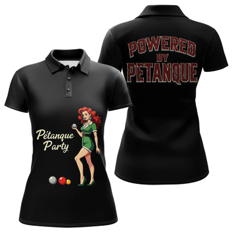 Polo Noir Rétro "Powered by Pétanque" - Homme Femme Cadeau - Polo Femme