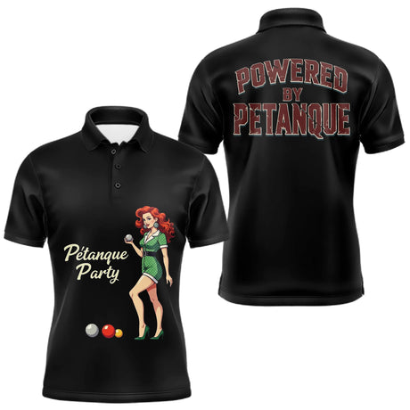 Polo Noir Rétro "Powered by Pétanque" - Homme Femme Cadeau - Polo Homme