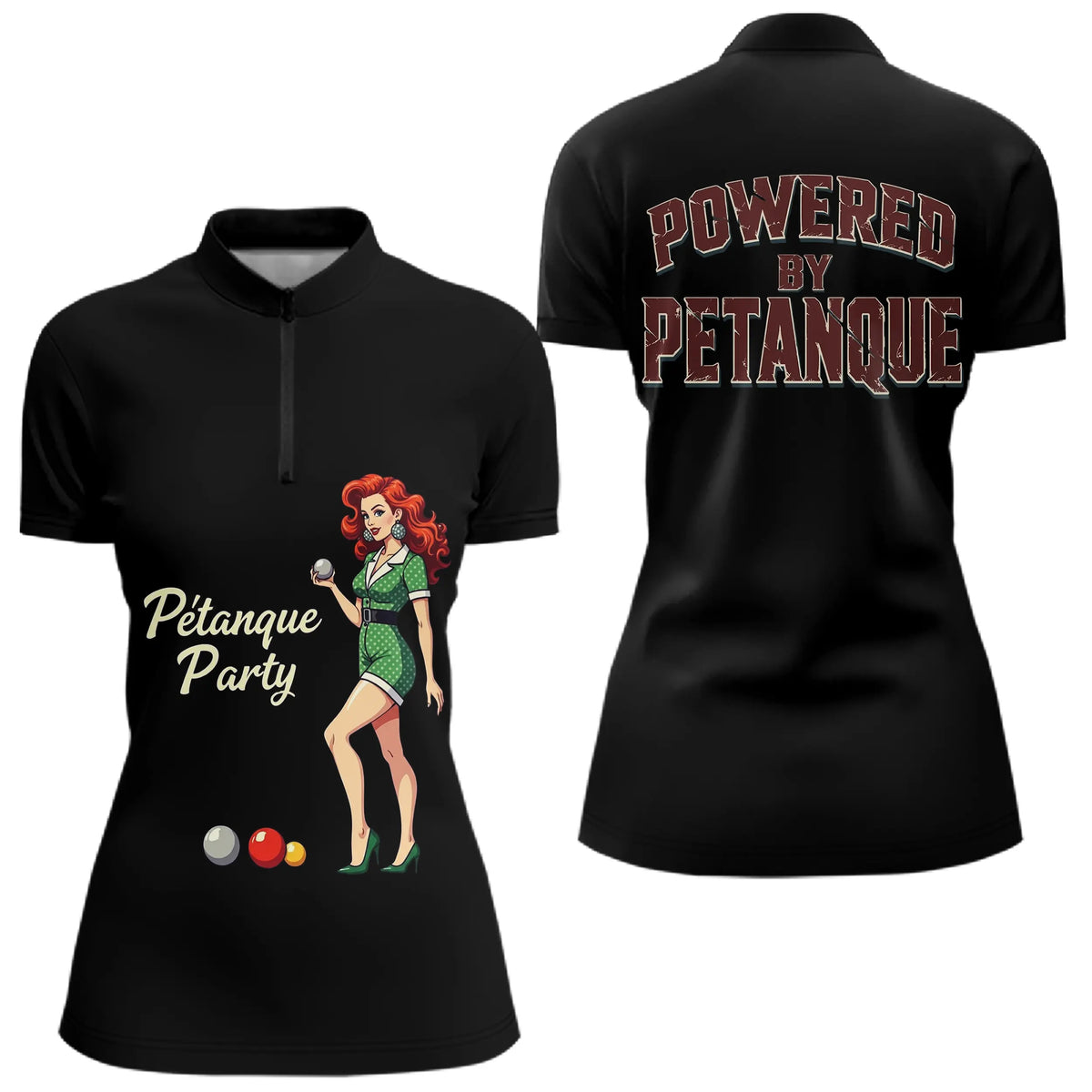 Polo Noir Rétro "Powered by Pétanque" - Homme Femme Cadeau - Polo Zippé Femme
