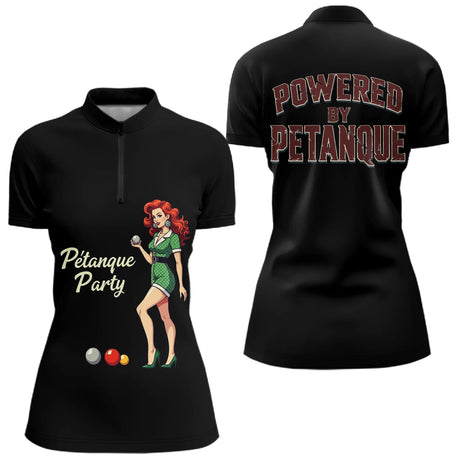 Polo Noir Rétro "Powered by Pétanque" - Homme Femme Cadeau - Polo Zippé Femme