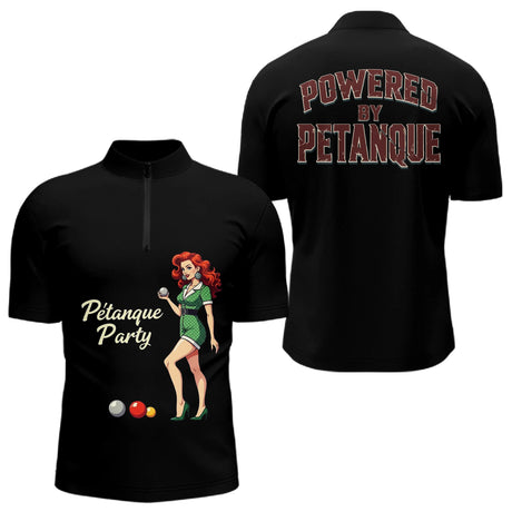 Polo Noir Rétro "Powered by Pétanque" - Homme Femme Cadeau - Polo Zippé Homme