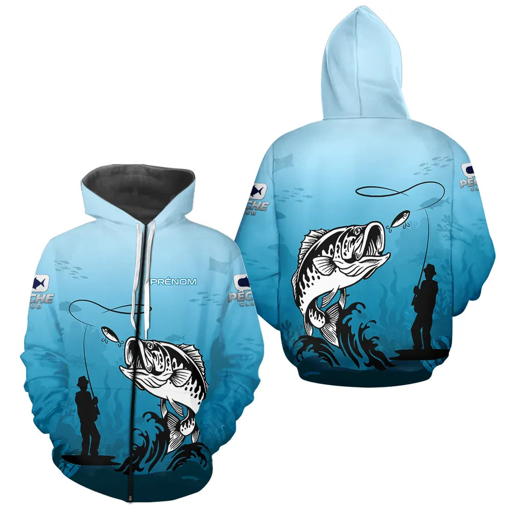 Polo Pêche Bass Personnalisé - Bleuté Imprimé 3D - Zippé Hoodie Homme