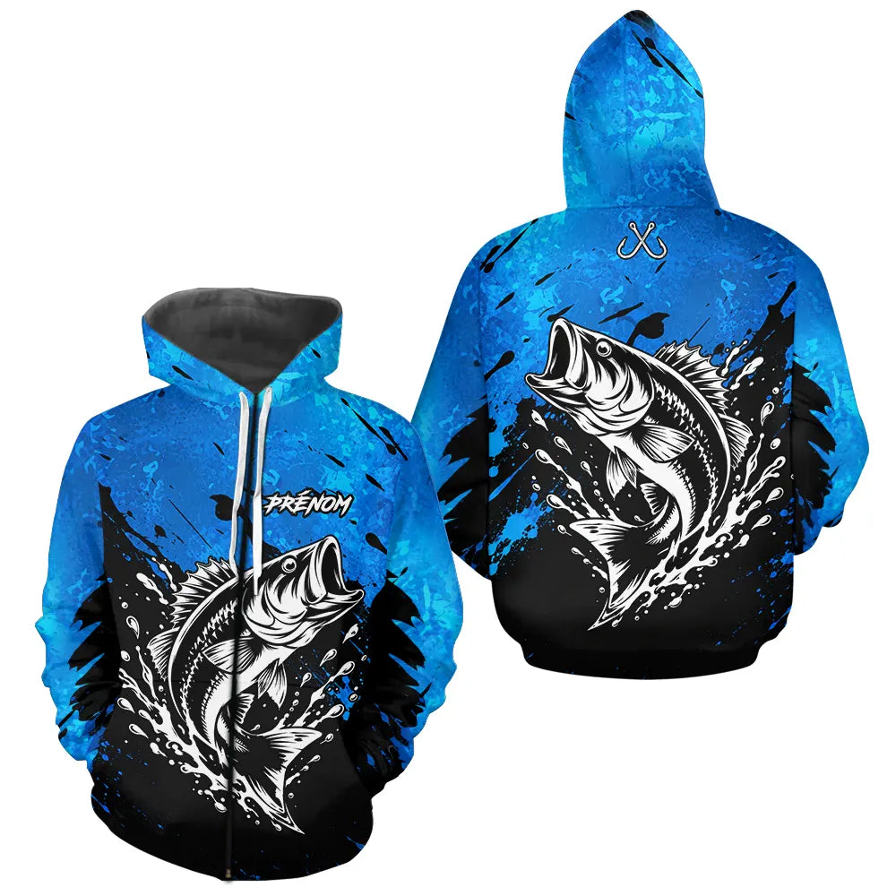 Polo Pêche Black Bass Homme - Bleu & Noir Personnalisé - Zippé Hoodie Homme
