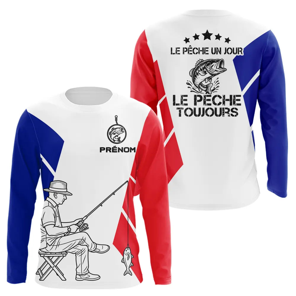 Polo Pêche Blanc Personnalisé - Design Drapeau France - Long Sleeves Homme