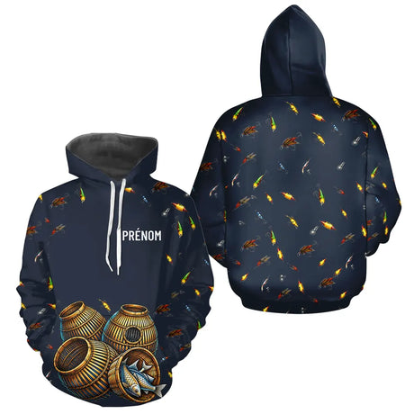 Polo Pêche Bleu Marine - Motif Leurres & Nasses Personnalisé - Hoodie Homme