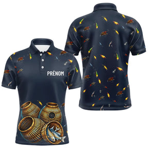 Polo Pêche Bleu Marine - Motif Leurres & Nasses Personnalisé - Polo Homme