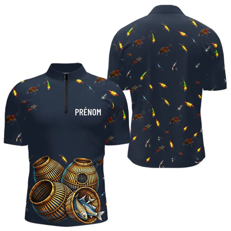 Polo Pêche Bleu Marine - Motif Leurres & Nasses Personnalisé - Polo Zippé Homme