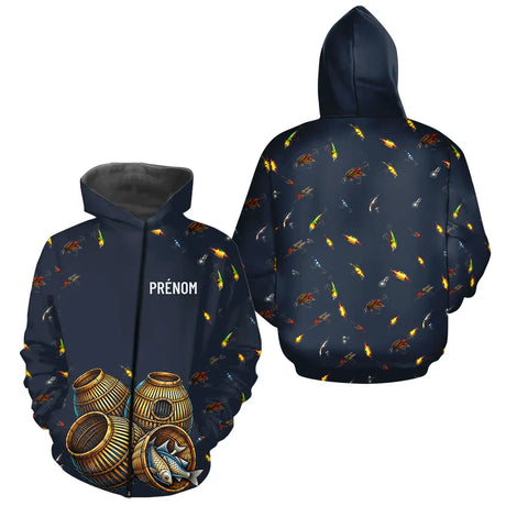 Polo Pêche Bleu Marine - Motif Leurres & Nasses Personnalisé - Zippé Hoodie Homme