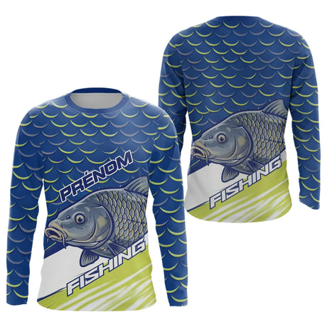Polo Pêche Bleu Vert Fluo Personnalisable - Équipement Carpfishing - Long Sleeves Homme