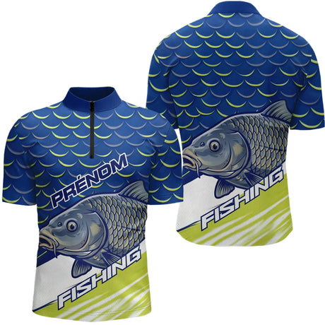 Polo Pêche Bleu Vert Fluo Personnalisable - Équipement Carpfishing - Polo Zippe Homme