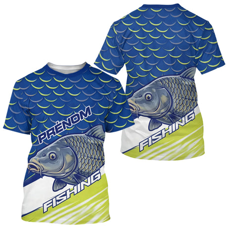 Polo Pêche Bleu Vert Fluo Personnalisable - Équipement Carpfishing - T-Shirt Homme
