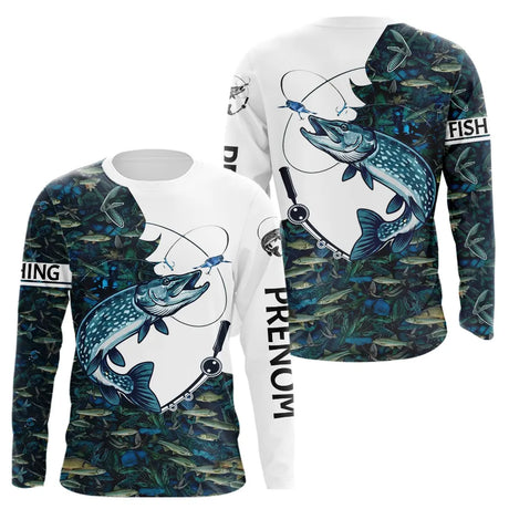 Polo Pêche Brochet Blanc & Bleu - Sportif Homme - Long Sleeve Homme