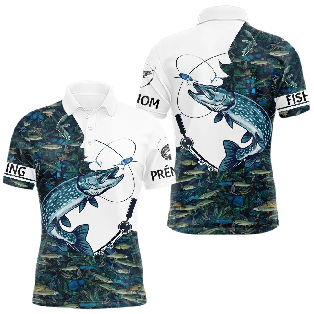 Polo Pêche Brochet Blanc & Bleu - Sportif Homme - Polo Homme