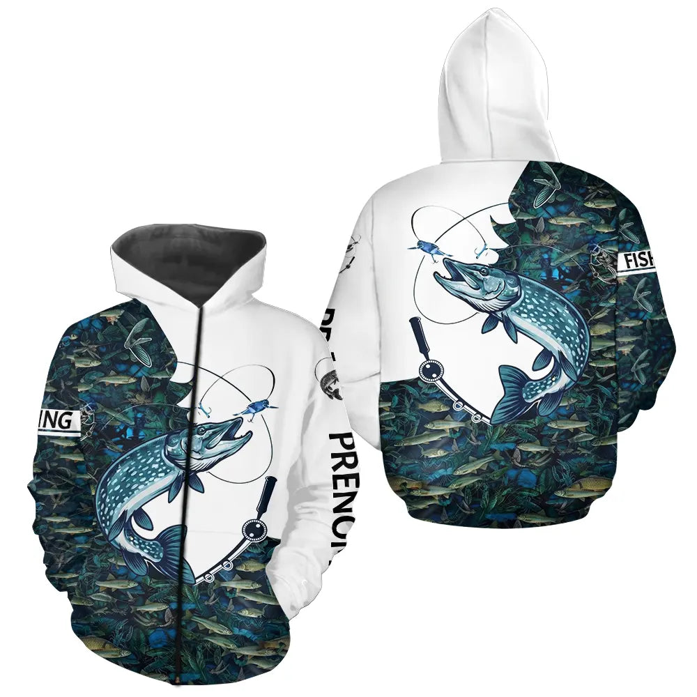 Polo Pêche Brochet Blanc & Bleu - Sportif Homme - Zippé Hoodie Homme