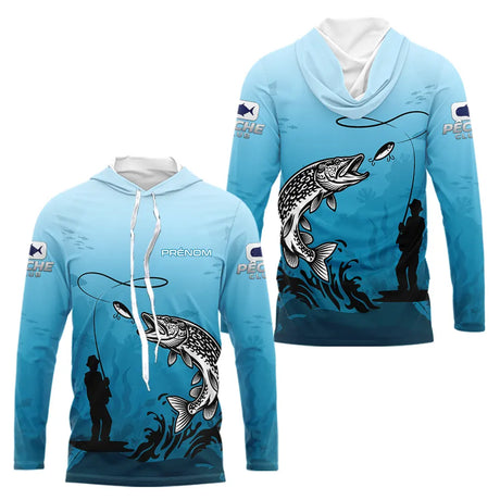 Polo Pêche Brochet Personnalisé - Bleuté Imprimé 3D - Long Sleeves Hoodie Homme