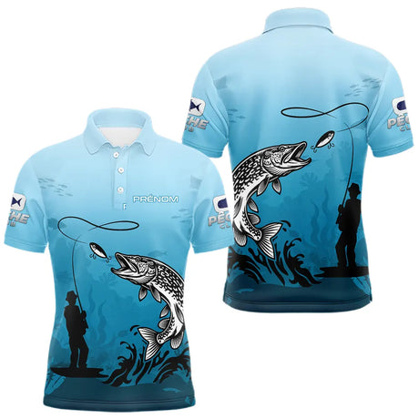 Polo Pêche Brochet Personnalisé - Bleuté Imprimé 3D - Polo Homme