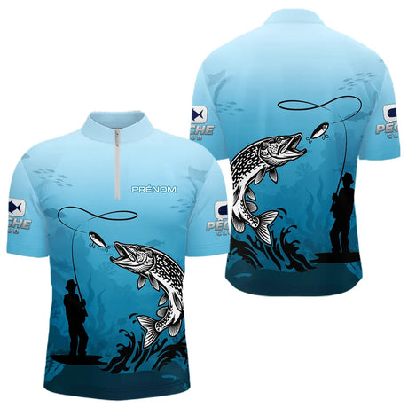 Polo Pêche Brochet Personnalisé - Bleuté Imprimé 3D - Polo Zippé Homme