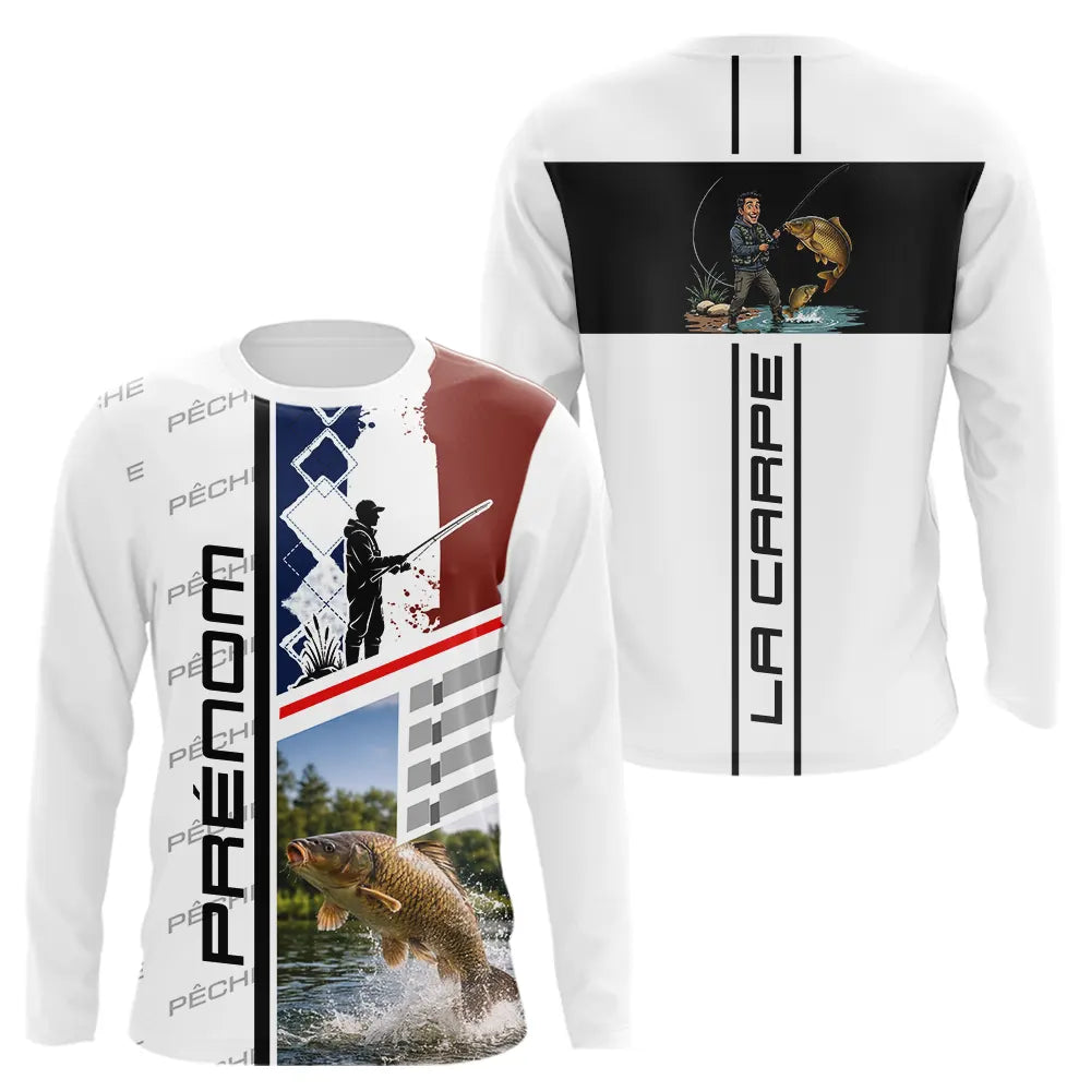 Polo Pêche Carpe Blanc Noir - Design La France Personnalisé -  Long Sleeves Homme