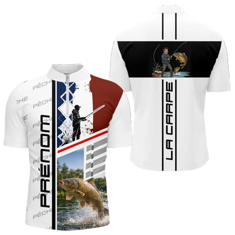 Polo Pêche Carpe Blanc Noir - Design La France Personnalisé -  Polo Zippé Homme