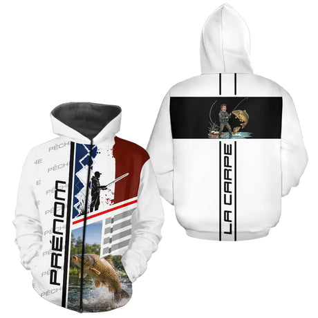 Polo Pêche Carpe Blanc Noir - Design La France Personnalisé -  Zippé Hoodie Homme