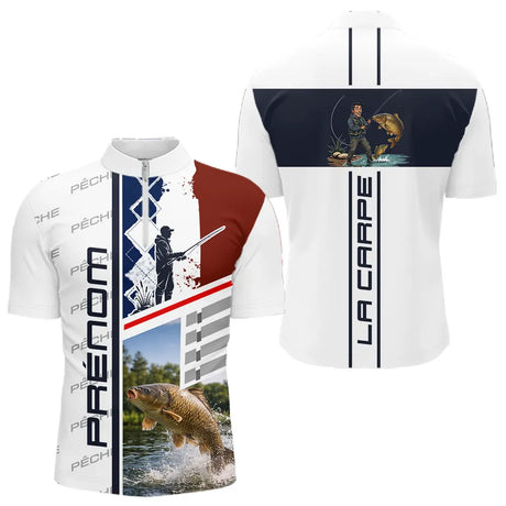 Polo Pêche Carpe Bleu Noir - Design La France Personnalisé - Polo Zippé Homme